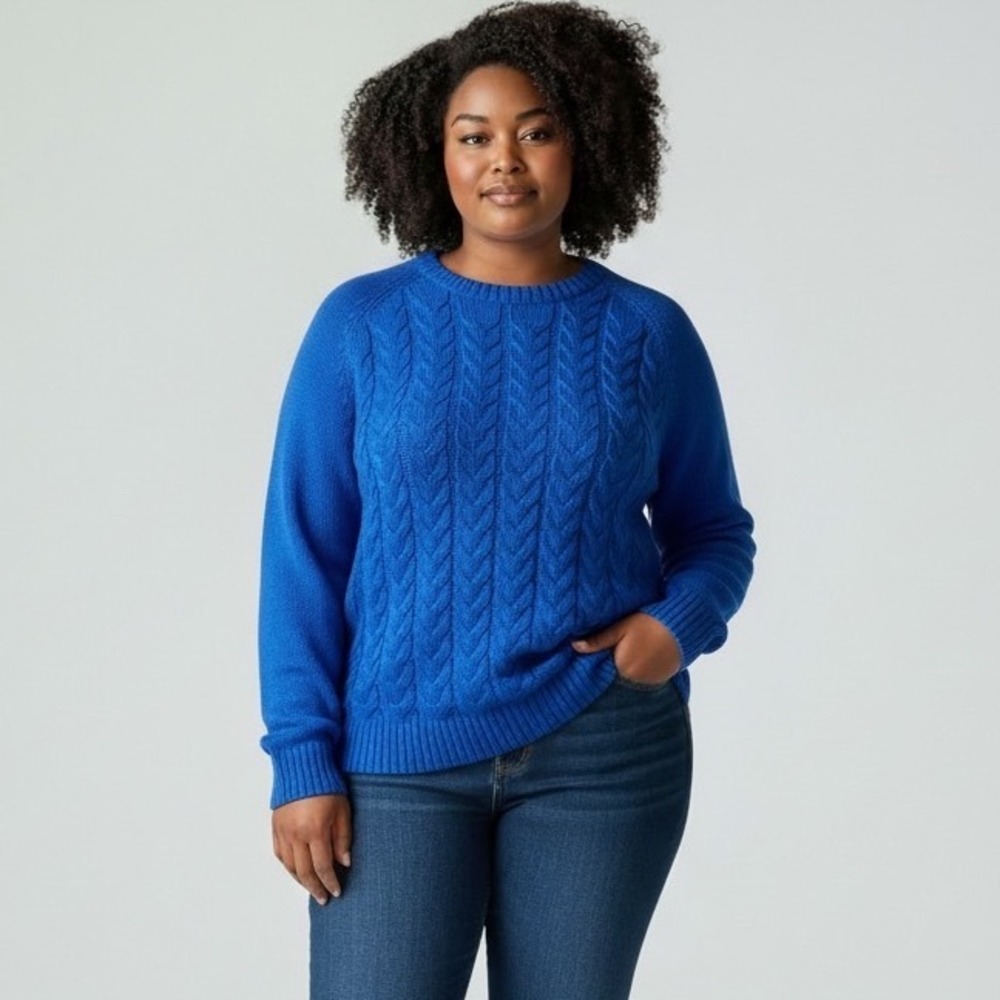 LANDS END New Drifter Cotton Cable Knit Sweater 1X Blue Crewneck Classic Coastal